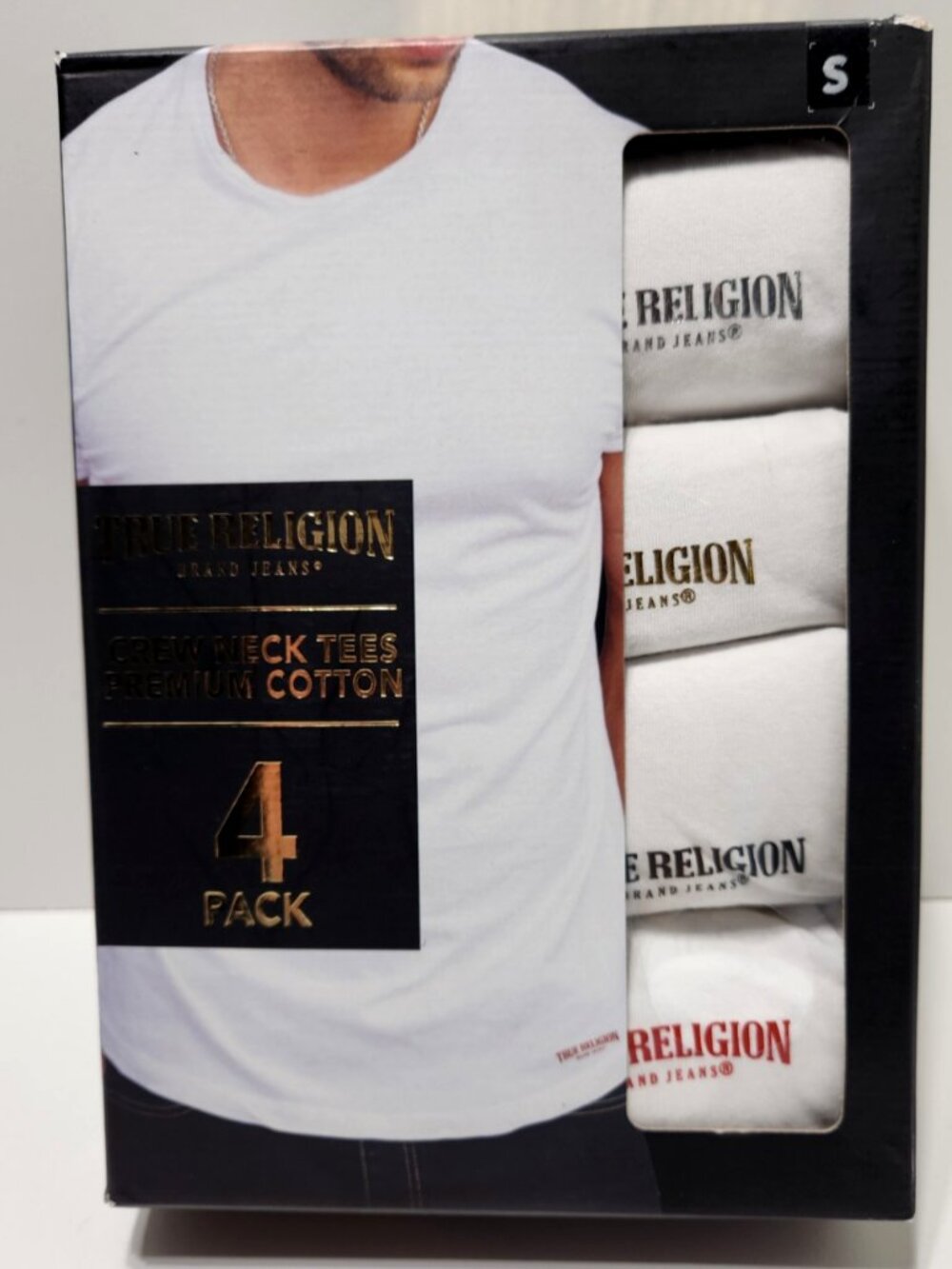 TRUE RELIGION 4-Pack Men's White Premium Cotton Crew Neck Logo Size S (34-36)